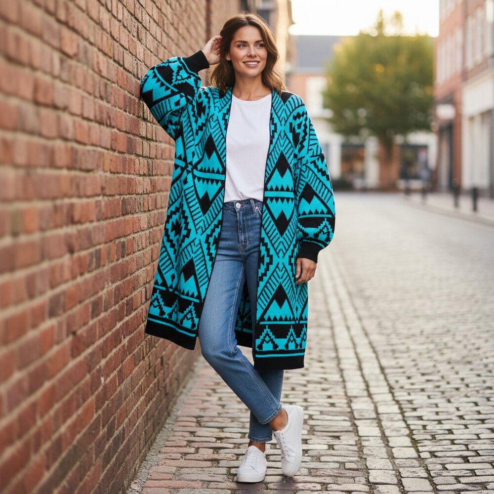 WRANGLER Women's EUC Retro Aztec Balloon Sleeve Duster Sweater | Size L/XL